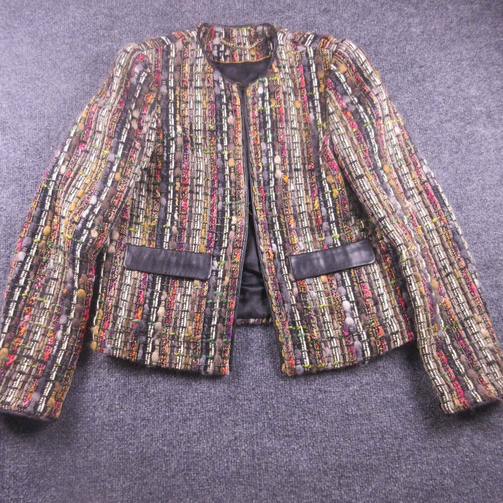 Uterque‎ Tweed Wool Jacket Womens Small Multicolor Collarless Hook Eye Pockets